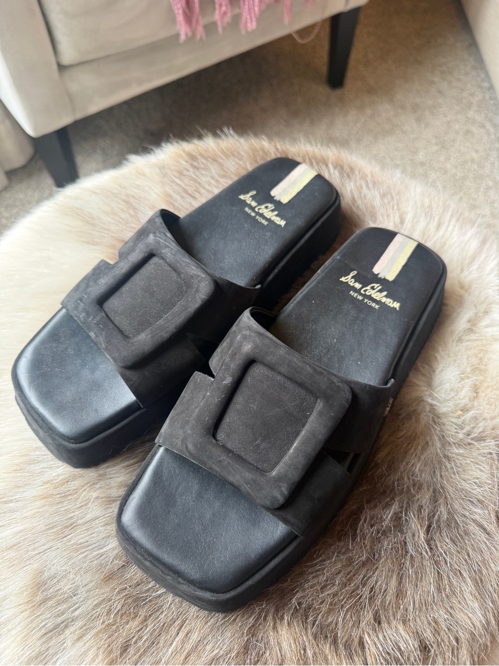 Sam Edelman Black Suede Buckle Slide Mules